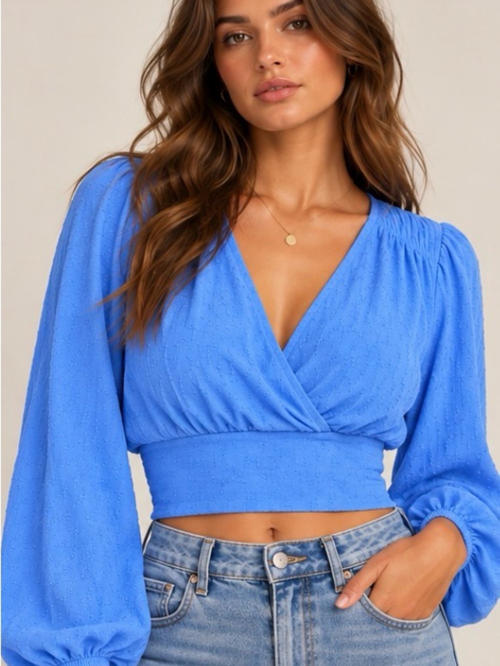 Dynamite Cobalt Blue Wrap Crop Top with Balloon Sleeves